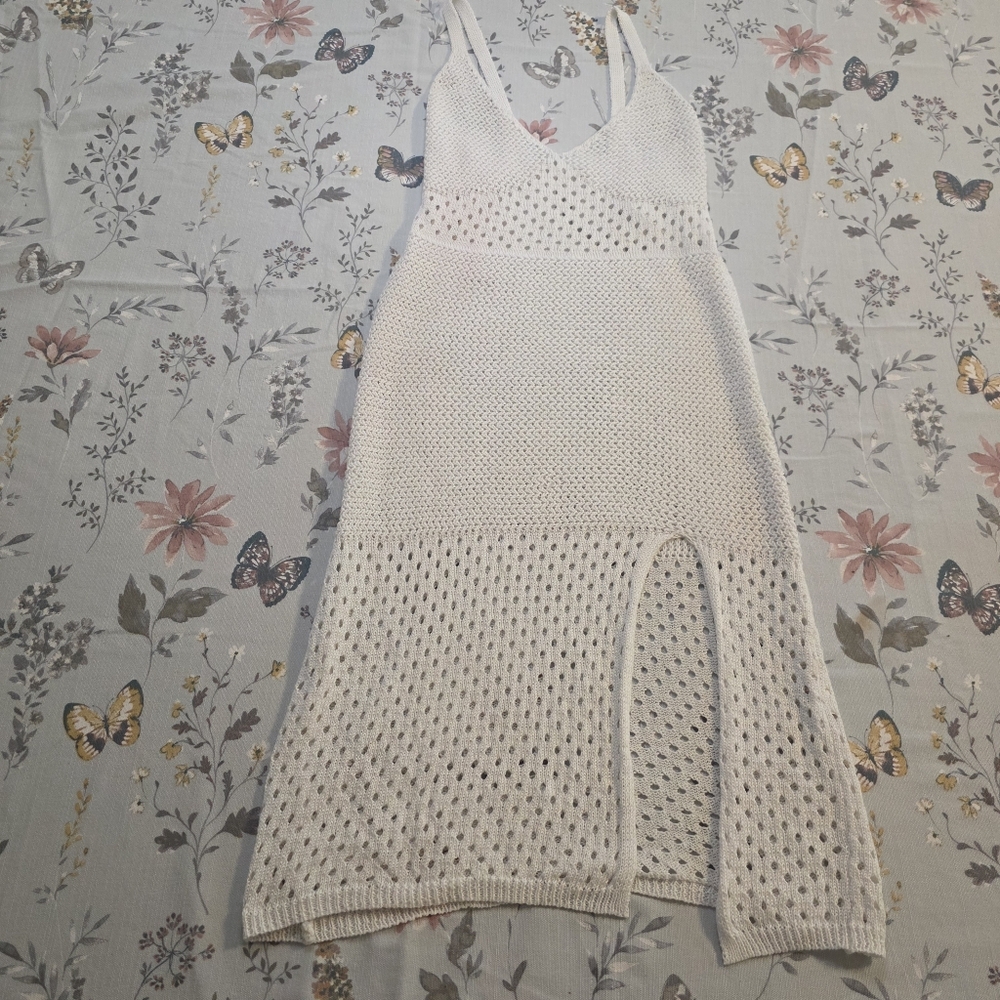 Boho Crochet Knit Sleeveless Dress Tunic White Festival Coastal Slit Hem Size S